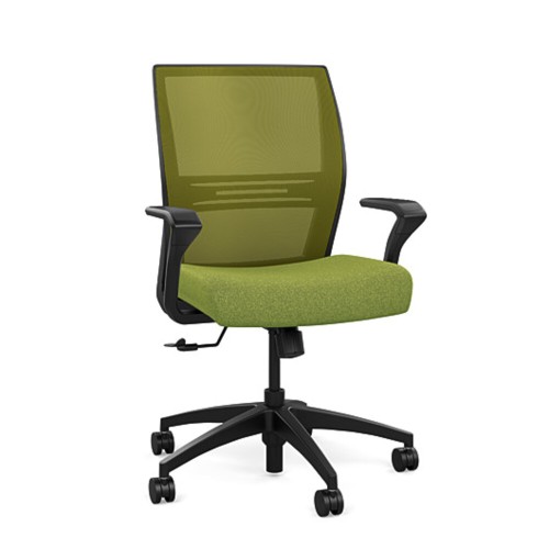 SitOnIt Amplify task chair with medium back, mesh back, green fabric seat, black frame, on wheels