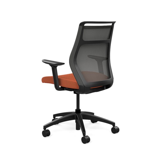 Hexi is a work chair with a black base and orange upholstery, on wheels.-3