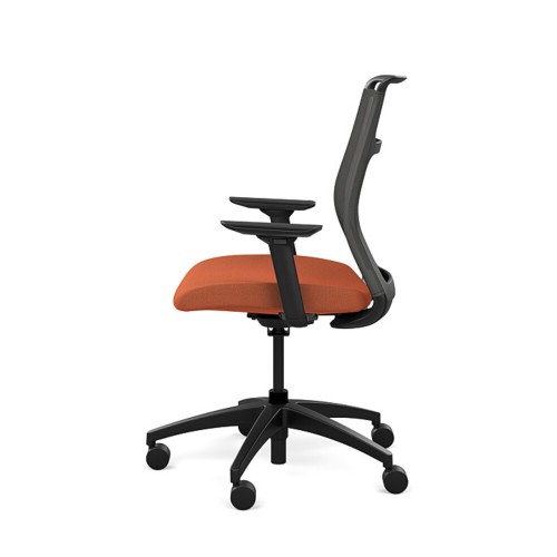 Hexi is a work chair with a black base and orange upholstery, on wheels.-4