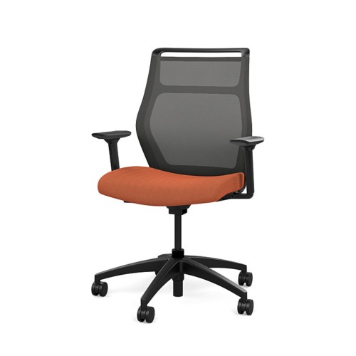 Hexi is a work chair with a black base and orange upholstery, on wheels.-5