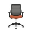 Hexi is a work chair with a black base and orange upholstery, on wheels.-6