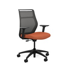 Hexi is a work chair with a black base and orange upholstery, on wheels.