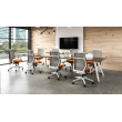 Hexi is a work chair with a black base and orange upholstery, on wheels.-7