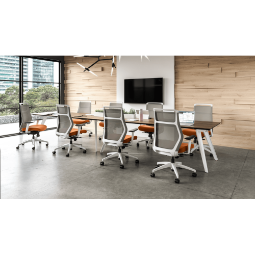 Hexi is a work chair with a black base and orange upholstery, on wheels.-7