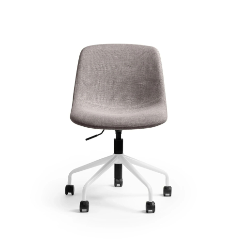 Poppin Key - Scoop Chair, Color Sand, Fully-upholstered Polyester seat, White Frame With Black Castors | Small Spaces
