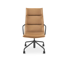 Poppin Meredith - Meeting Chair, High Back, Color Tan, Eather-like Upholstery, Black 4-star Base on Castors | Corporate Spaces