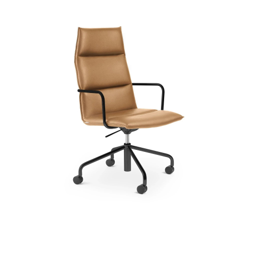 Poppin Meredith - Meeting Chair, High Back, Color Tan, Eather-like Upholstery, Black 4-star Base on Castors | Corporate Spaces-1