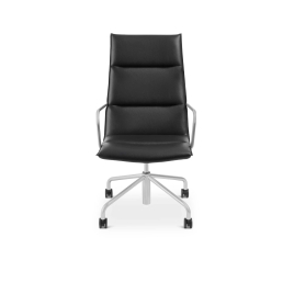 Poppin Meredith - Meeting Chair, High Back, Color Black, Eather-like Upholstery, Nickel 4-star Base on Castors | Executive Offices