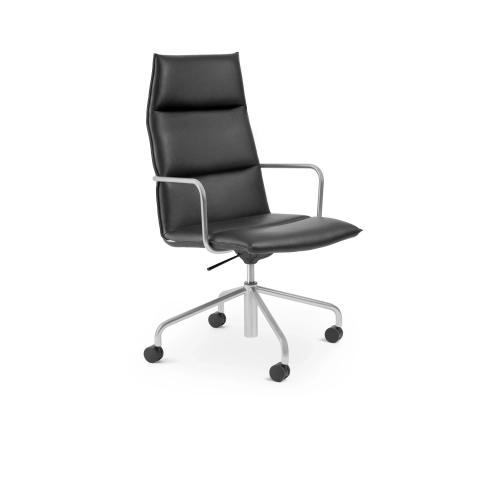 Poppin Meredith - Meeting Chair, High Back, Color Black, Eather-like Upholstery, Nickel 4-star Base on Castors | Executive Offices-1