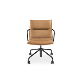 Poppin Meredith - Meeting Chair, Mid Back, Color Tan, Eather-like Upholstery, Black 4-star Base on Castors | Offices & Boardrooms