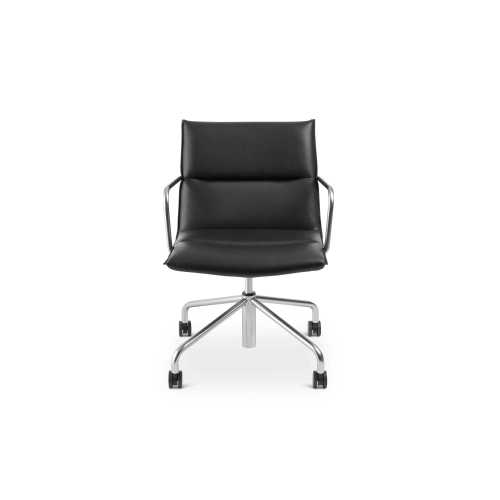 Poppin Meredith - Meeting Chair, Mid Back, Color Black, Eather-like Upholstery, Nickel 4-star Base on Castors | Conference Areas