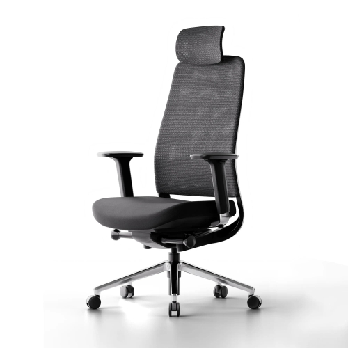Poppin Elevate - Task Chair With Headrest, Color Black With Black Frame With Headrest. Polished Chrome Base on Castors | Desk Work