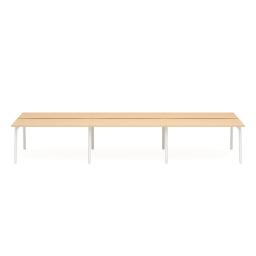 Poppin Series A - Double Desk for 6, 57 inch, Color Natural Oak on White Legs | Computer Workstation Desk-1
