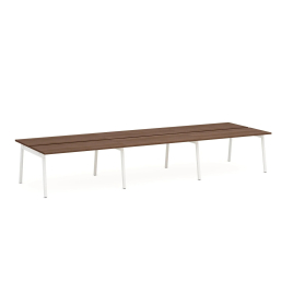 Poppin Series A - Double Desk for 6, 57 inch, Color Walnut on White Legs | Computer Work Desk