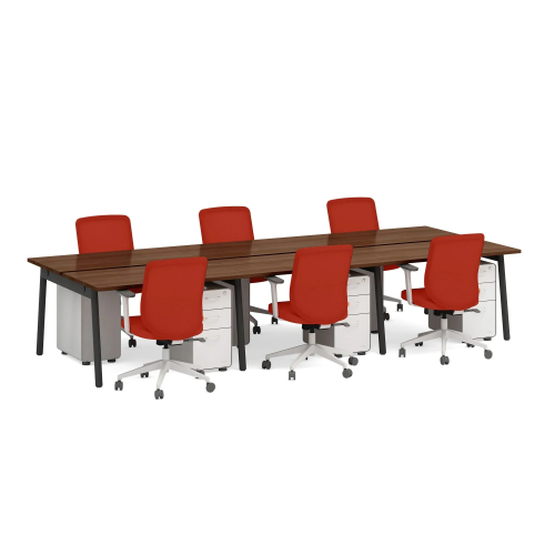 Poppin Series A - Double Desk for 6, 47 inch, Color Walnut on Charcoal Legs | Functional Work Surface-2