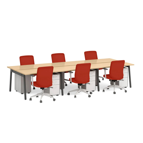 Poppin Series A - Double Desk for 6, 47 inch, Color Natural Oak on Charcoal Legs | Work & Study-2