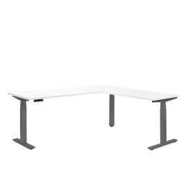 Poppin Series L 3S - Corner Desk, Right Handed, White Oak on Charcoal Legs | Sit-Stand Workstation