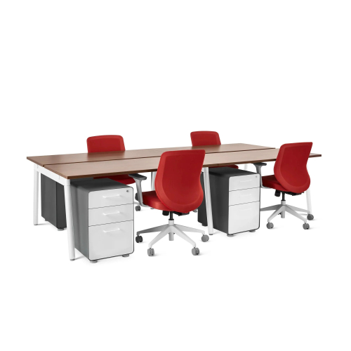 Poppin Series A - Double Desk for 4, 57 inch, Color Walnut on White Legs | Computer Work Desk-2