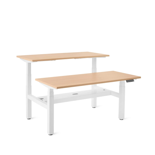Poppin Series L 3S - Adjustable Height Double Desk for 2, 57 inch, Color Natural Oak, White Frame and Legs | Home Office & Corporate Use
