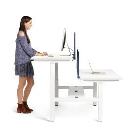 Poppin Series L 3S - Adjustable Height Double Desk for 2, 57 inch, Color White, White Frame and Legs | Ergonomic Workspaces