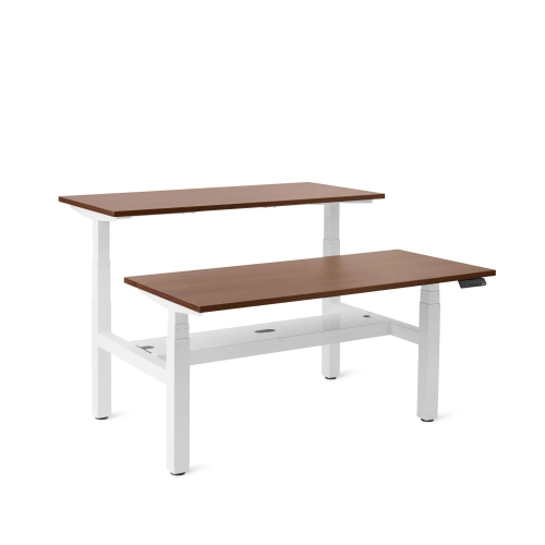 Poppin Series L 3S - Adjustable Height Double Desk for 2, 57 inch, Color Walnut,, White Frame and Legs | Office & Remote Work