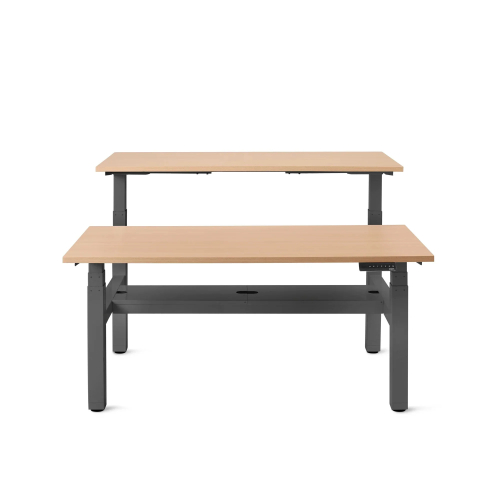 Poppin Series L 3S - Adjustable Height Double Desk for 2, 57 inch, Color Natural Oak, Charcoal Frame and Legs | Offices-1