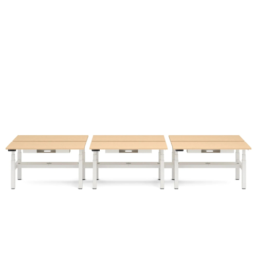 Poppin Series L 3S - Adjustable Height Double Desk for 6, 57 inch, Color Natural Oak, White Frame and Legs | Home Office & Corporate Use-1