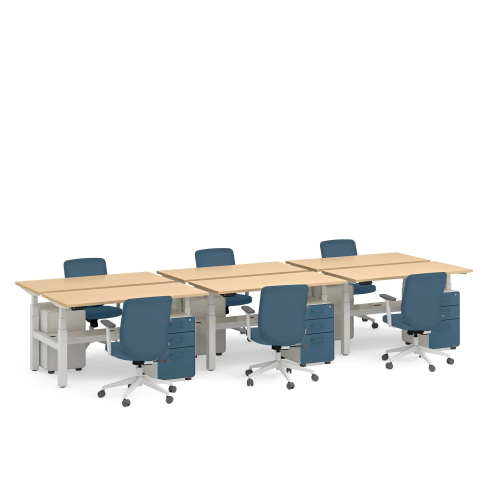 Poppin Series L 3S - Adjustable Height Double Desk for 6, 57 inch, Color Natural Oak, White Frame and Legs | Home Office & Corporate Use-2