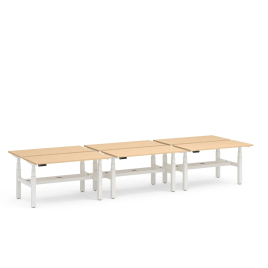 Poppin Series L 3S - Adjustable Height Double Desk for 6, 57 inch, Color Natural Oak, White Frame and Legs | Home Office & Corporate Use