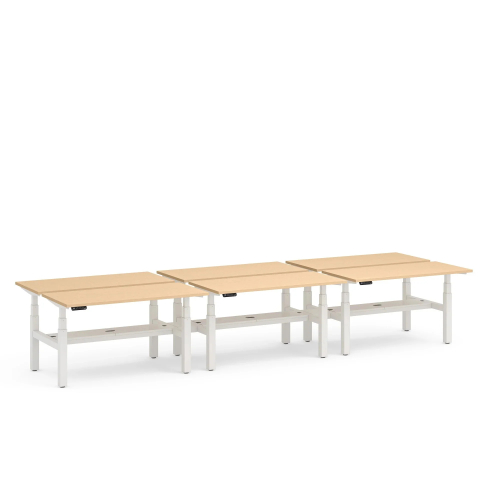 Poppin Series L 3S - Adjustable Height Double Desk for 6, 57 inch, Color Natural Oak, White Frame and Legs | Home Office & Corporate Use