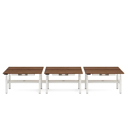 Poppin Series L 3S - Adjustable Height Double Desk for 6, 57 inch, Color Walnut, White Frame and Legs | Office & Remote Work-1