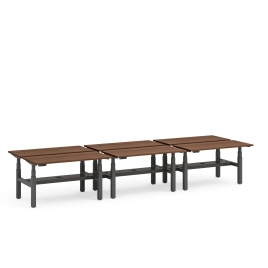 Poppin Series L 3S - Adjustable Height Double Desk for 6, 57 inch, Color Walnut, Charcoal Frame and Legs | Workspaces