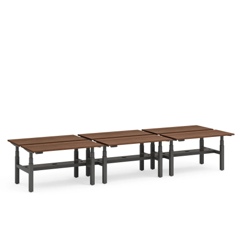 Poppin Series L 3S - Adjustable Height Double Desk for 6, 57 inch, Color Walnut, Charcoal Frame and Legs | Workspaces