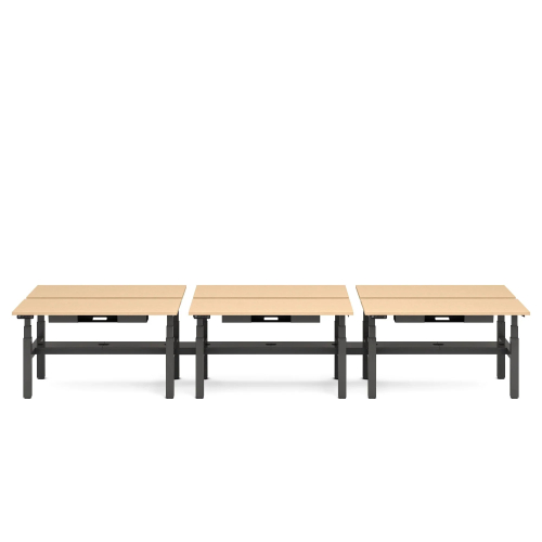 Poppin Series L 3S - Adjustable Height Double Desk for 6, 57 inch, Color Natural Oak, Charcoal Frame and Legs | Offices-1