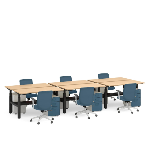 Poppin Series L 3S - Adjustable Height Double Desk for 6, 57 inch, Color Natural Oak, Charcoal Frame and Legs | Offices-2