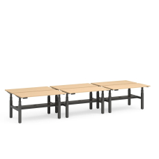 Poppin Series L 3S - Adjustable Height Double Desk for 6, 57 inch, Color Natural Oak, Charcoal Frame and Legs | Offices