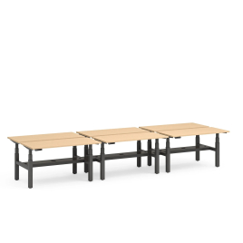 Poppin Series L 3S - Adjustable Height Double Desk for 6, 57 inch, Color Natural Oak, Charcoal Frame and Legs | Offices