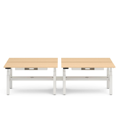 Poppin Series L 3S - Adjustable Height Double Desk for 4, 57 inch, Color Natural Oak, White Frame and Legs | Home Office & Corporate Use-1