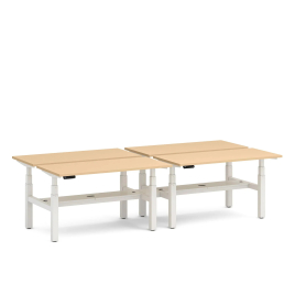 Poppin Series L 3S - Adjustable Height Double Desk for 4, 57 inch, Color Natural Oak, White Frame and Legs | Home Office & Corporate Use
