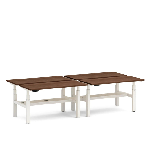 Poppin Series L 3S - Adjustable Height Double Desk for 4, 57 inch, Color Walnut, White Frame and Legs | Office & Remote Work