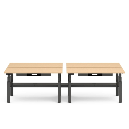 Poppin Series L 3S - Adjustable Height Double Desk for 4, 57 inch, Color Natural Oak, Charcoal Frame and Legs | Offices-1