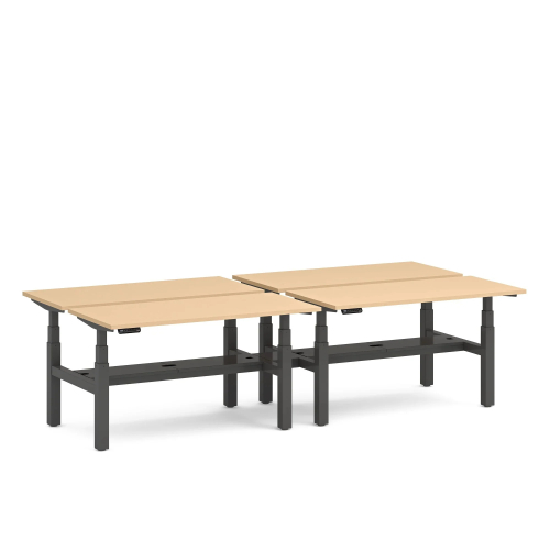 Poppin Series L 3S - Adjustable Height Double Desk for 4, 57 inch, Color Natural Oak, Charcoal Frame and Legs | Offices