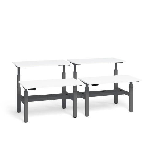 Poppin Series L 3S - Adjustable Height Double Desk for 4, 47 inch, Color White, Charcoal Frame and Legs | Sit-Stand Workstation