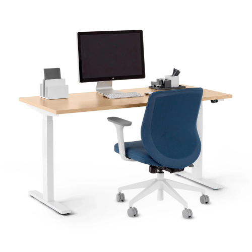 Poppin Series L 2S - Adjustable Height Desk, 57 inch, Color Natural Oak on White Legs | Office Environments-1