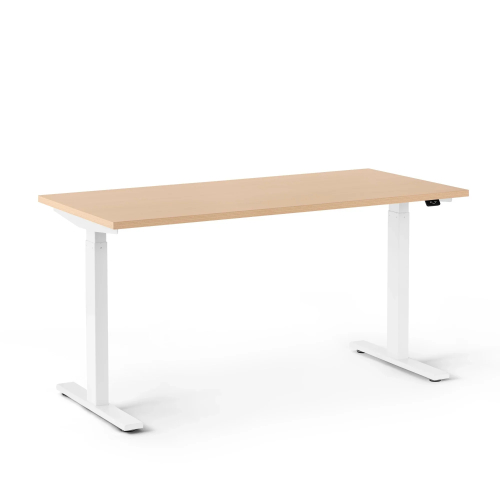 Poppin Series L 2S - Adjustable Height Desk, 57 inch, Color Natural Oak on White Legs | Office Environments