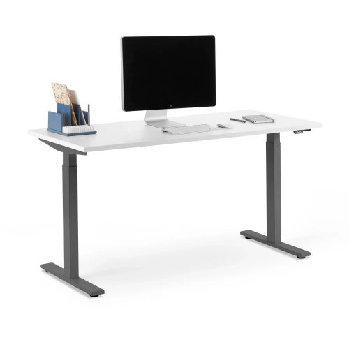 Poppin Series L 2S - Adjustable Height Desk, 57 inch, Color White on Charcoal Legs | Sit-Stand Workstation-1