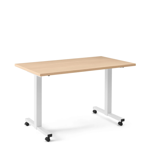Poppin Irons Flip Top Training Table, 57 inch x 27 inch, Color Natural Oak, White Frame and Legs, On Castors | Corporate Offices