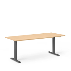 Poppin Series L 2S - Adjustable Height Desk, 72 inch, Color Natural Oak on Charcoal Legs | Workspaces