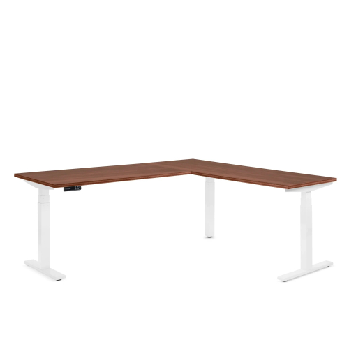 Poppin Series L 3S - Corner Desk, Right Handed, Walnut Oak on White Legs | Ergonomic Offices