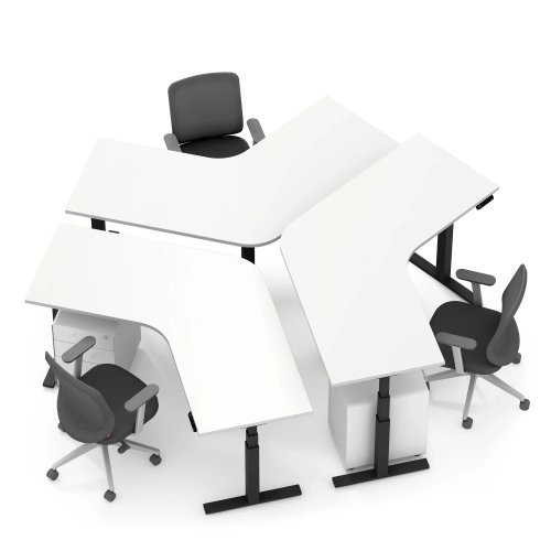 Poppin Series L 3S - Adjustable Height 120 Degree Desk for 3 + Boom Power Rail on Charcoal Legs | Offices-1